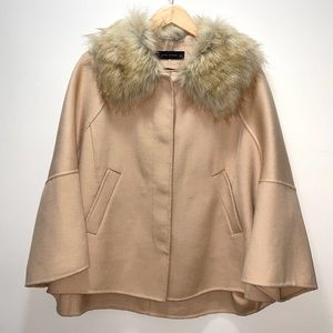 Zara cream wool blend coat faux fur collar L